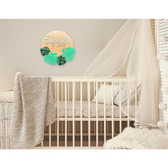 Custom Wooden Name Sign - Modern Tropical Monstera Leaves Personalized Gift - Picture 3 of 10